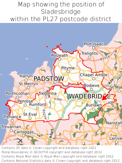 Map showing location of Sladesbridge within PL27