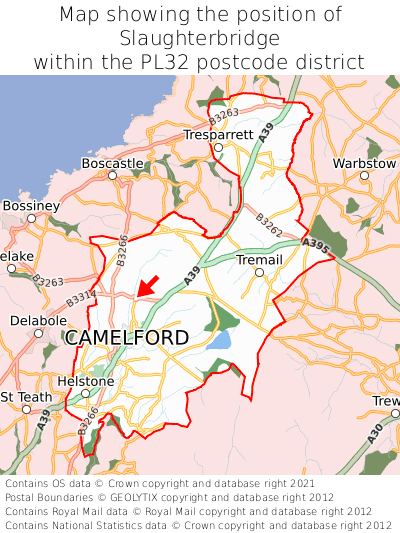 Map showing location of Slaughterbridge within PL32