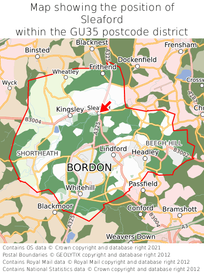 Map showing location of Sleaford within GU35