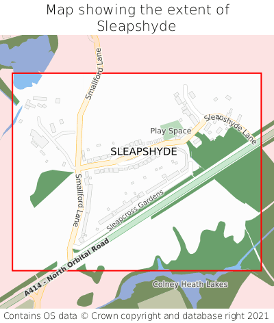 Map showing extent of Sleapshyde as bounding box
