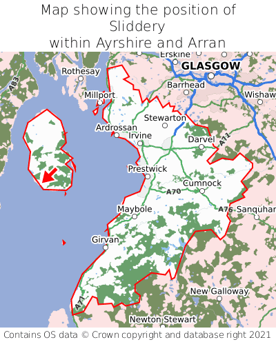 Map showing location of Sliddery within Ayrshire and Arran