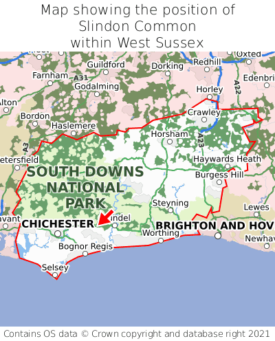 Map showing location of Slindon Common within West Sussex