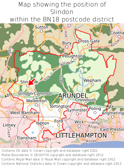 Map showing location of Slindon within BN18
