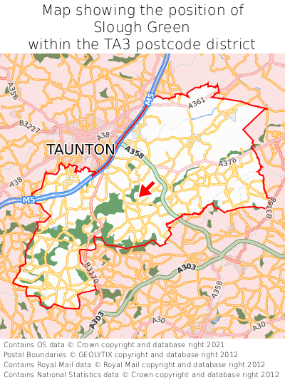 Map showing location of Slough Green within TA3