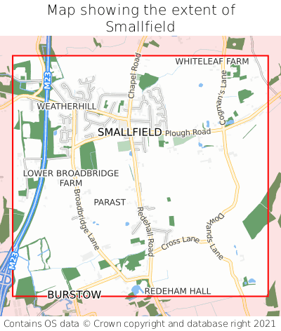 Map showing extent of Smallfield as bounding box