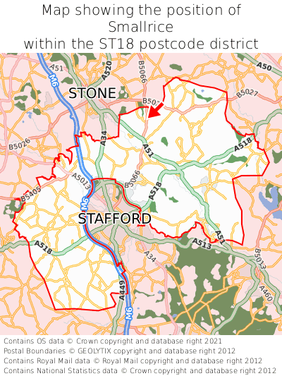 Map showing location of Smallrice within ST18