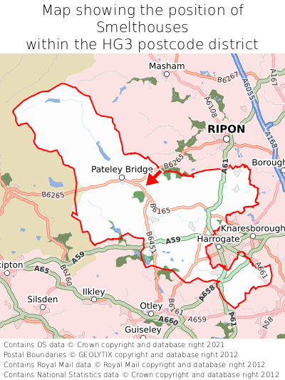 Map showing location of Smelthouses within HG3
