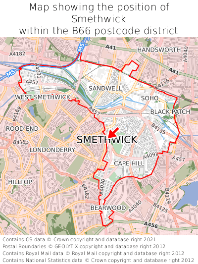 Map showing location of Smethwick within B66