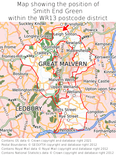 Map showing location of Smith End Green within WR13