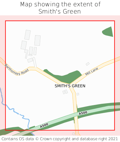 Map showing extent of Smith's Green as bounding box
