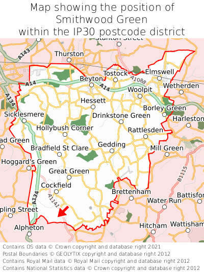 Map showing location of Smithwood Green within IP30