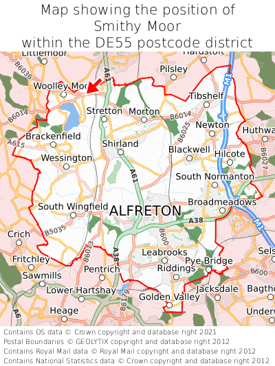 Map showing location of Smithy Moor within DE55