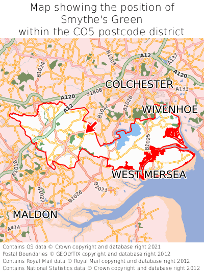 Map showing location of Smythe's Green within CO5