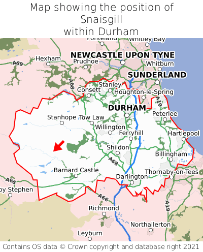 Map showing location of Snaisgill within Durham