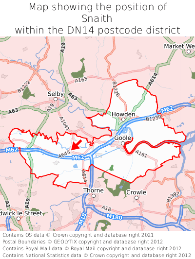 Map showing location of Snaith within DN14