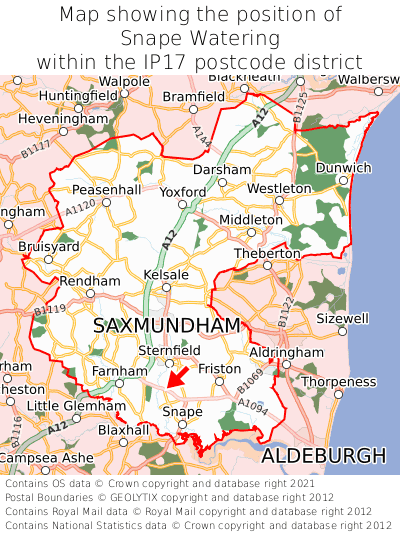 Map showing location of Snape Watering within IP17