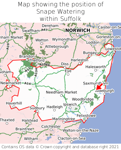 Map showing location of Snape Watering within Suffolk
