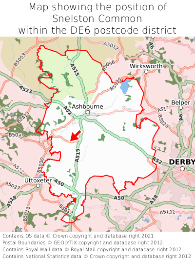 Map showing location of Snelston Common within DE6