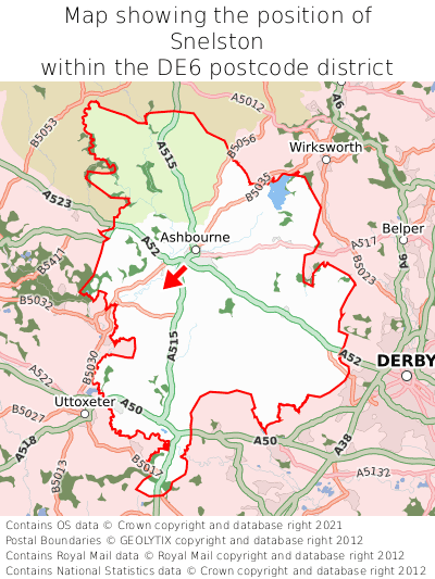 Map showing location of Snelston within DE6