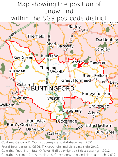 Map showing location of Snow End within SG9