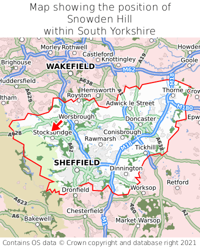 Map showing location of Snowden Hill within South Yorkshire