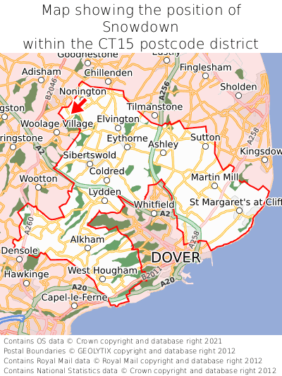 Map showing location of Snowdown within CT15