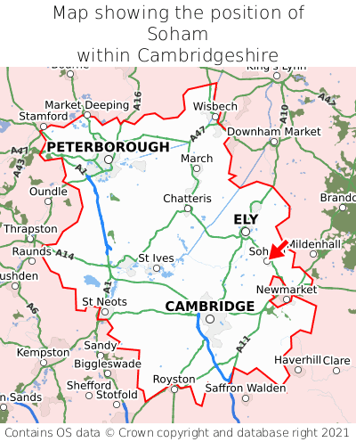 Map showing location of Soham within Cambridgeshire