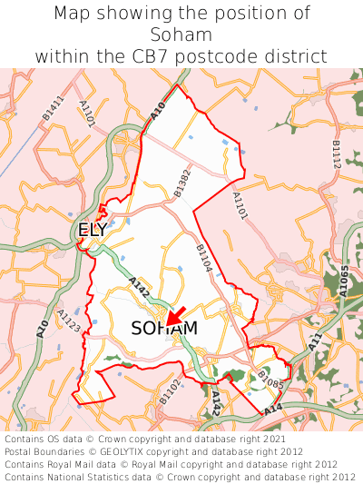 Map showing location of Soham within CB7