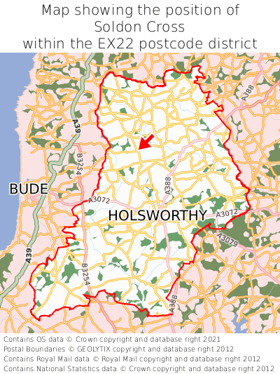 Map showing location of Soldon Cross within EX22