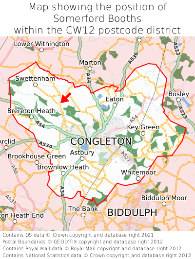 Map showing location of Somerford Booths within CW12