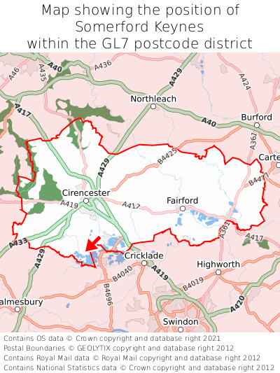 Map showing location of Somerford Keynes within GL7