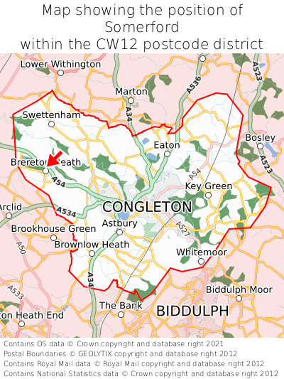 Map showing location of Somerford within CW12
