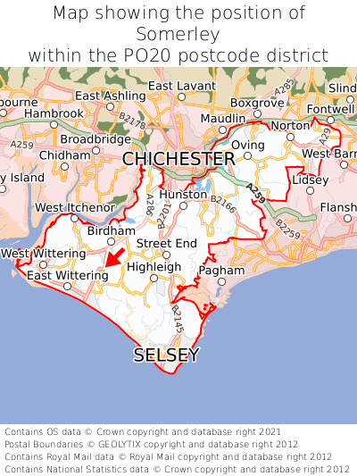 Map showing location of Somerley within PO20