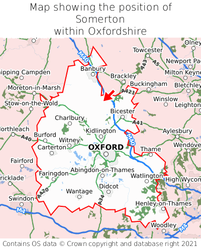 Map showing location of Somerton within Oxfordshire