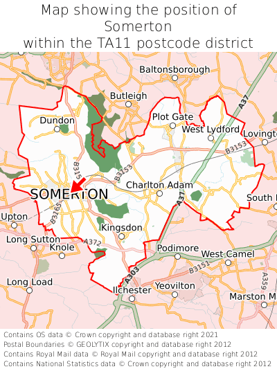 Map showing location of Somerton within TA11