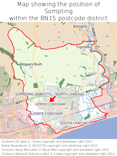 Map showing location of Sompting within BN15