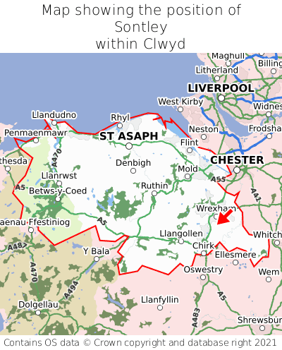 Map showing location of Sontley within Clwyd