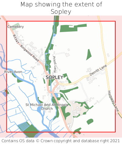 Map showing extent of Sopley as bounding box
