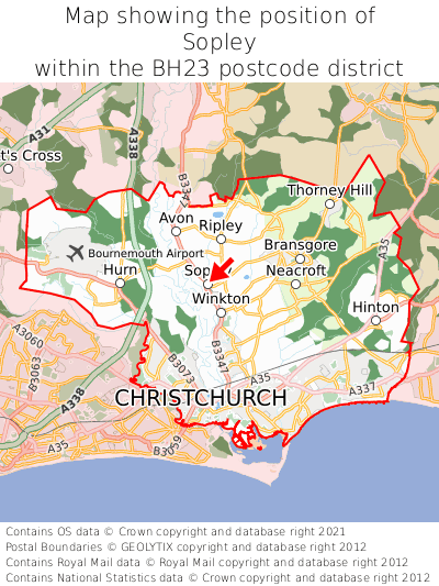 Map showing location of Sopley within BH23