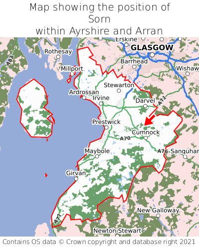 Map showing location of Sorn within Ayrshire and Arran