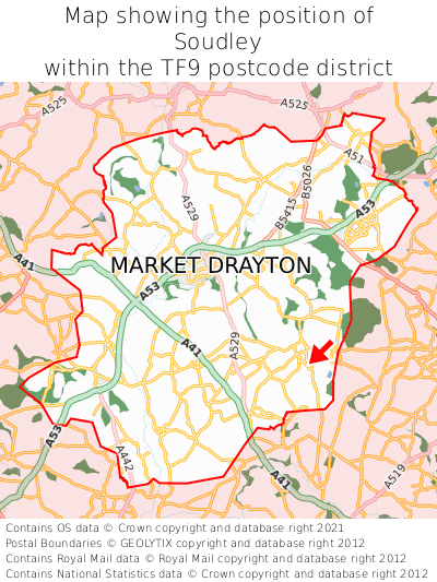 Map showing location of Soudley within TF9