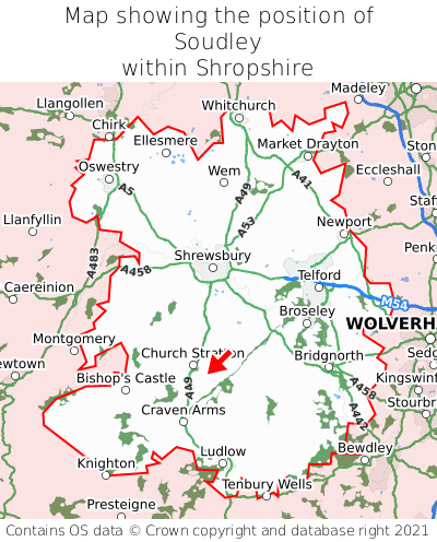 Map showing location of Soudley within Shropshire