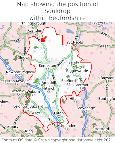 Map showing location of Souldrop within Bedfordshire