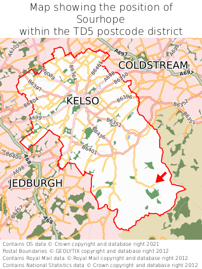 Map showing location of Sourhope within TD5