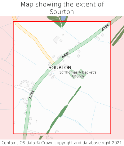Map showing extent of Sourton as bounding box