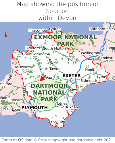 Map showing location of Sourton within Devon