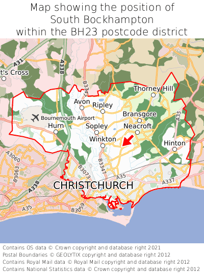 Map showing location of South Bockhampton within BH23