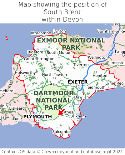 Map showing location of South Brent within Devon