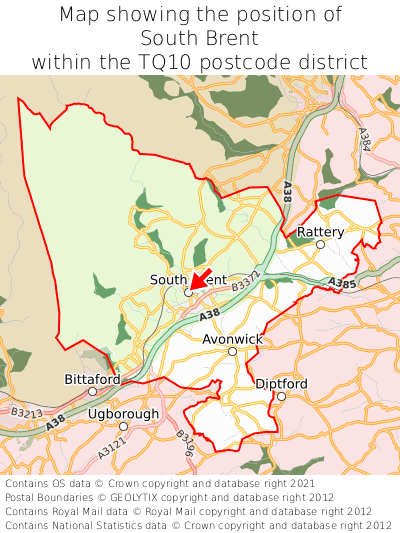 Map showing location of South Brent within TQ10