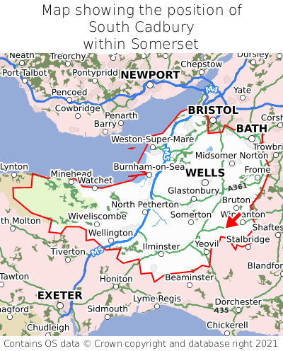 Map showing location of South Cadbury within Somerset